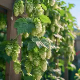 Des cônes de houblon verts pendent d'une treille en bois, montrant comment pousse le houblon.