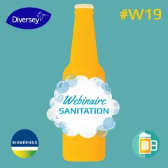Webinaire sur la **fermentation secondaire bière** et la sanitation, avec logos Diversey et Biomerieux. #W19