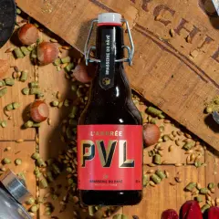 Bouteille de bière brune PVL, entourée de noisettes, de houblon et de grains. Une invitation à découvrir la recette biere brune.