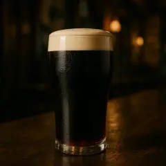 Un verre de Guinness, d'un noir profond, sur un comptoir en bois. La mousse crémeuse couronne cette bière iconique, expliquant pourquoi la Guinness est noire.