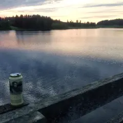 Une canette de bière Sandels, une bière karhu, repose sur un vieux bois au bord d'un lac paisible au coucher du soleil.