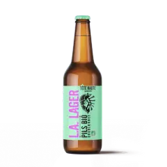 Bouteille de bière finlandaise L.A. Lager, une Pils Bio houblonnée de la brasserie Tête Haute.