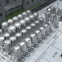Vue aérienne d'une brasserie avec de nombreux cuves en acier inoxydable. Le plan au sol indique des mesures, suggérant une étude de la masse volumique de la bière.