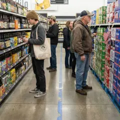 Des clients choisissent des bières dans un rayon de brasserie américaine, avec des caisses de "Patriot Lager" et "Freedom Ale" en arrière-plan.