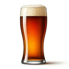 Un verre de bière ambrée anglaise, avec une mousse légère et des bulles fines.