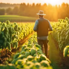 Un agriculteur en chapeau de paille traverse un champ de houblon luxuriant, baigné par la lumière dorée du soleil couchant.