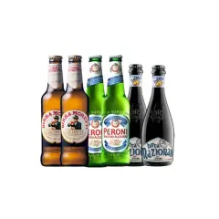 Bouteilles de bière Peroni et Moretti sur fond blanc.