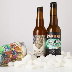Deux bouteilles de bière et une canette colorée, dont une "Session IPA", reposent sur des flocons blancs.