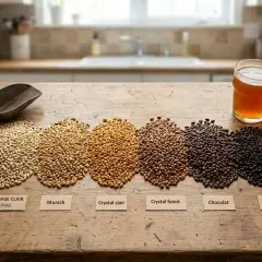 Six tas de malt, du clair au noir, sur une table en bois, avec une louche et un verre de bière ambrée. La sour est une bière acidulée.