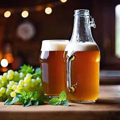 Bière ambrée dans une bouteille et un verre, avec du raisin et de la menthe. Une scène évoquant une recette de bière maison.