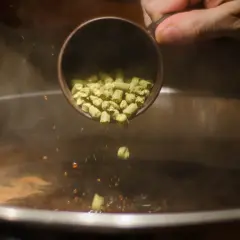 Ajout de houblon dans un liquide bouillant pour une recette bitter. Des granulés verts tombent d'une tasse dans la vapeur.