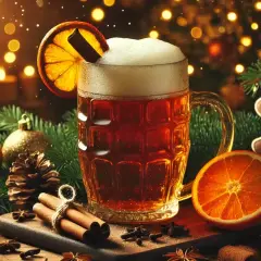 Une bière chaude de Noël, garnie d'une tranche d'orange et d'un bâton de cannelle, entourée de décorations festives et d'épices.