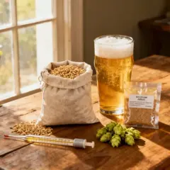 Ingrédients pour le brassage : sac de grains, verre de bière dorée, cônes de houblon, thermomètre et sachet d'épices sur une table en bois.