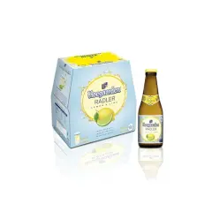 Une bouteille et un pack de bière Hoegaarden Radler Citron & Lime. Parfait pour une pause rafraîchissante.