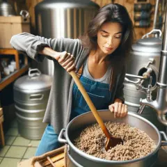 Une femme prépare sa levure dans une cuve, mélangeant des grains avec une spatule en bois. L'ambiance rappelle un atelier de brassage artisanal.