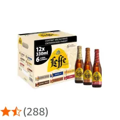Coffret découverte Leffe avec 12 bières de 6 variétés différentes. Trois bouteilles Leffe Blonde, Ambrée et Ruby sont présentées.