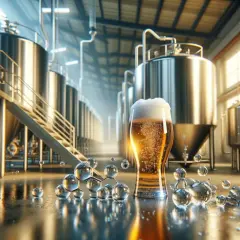 Verre de bière mousseuse dans une brasserie, avec des cuves en acier inoxydable. La question "quelle quantité de bicarbonate de soude pour augmenter le ph" flotte dans l'air.