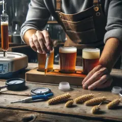 Un brasseur teste des échantillons de bière, une pipette à la main. Des outils de mesure et des épis de blé sont sur la table, suggérant une expérimentation sur comment baisser l'alcalinité de l'eau.