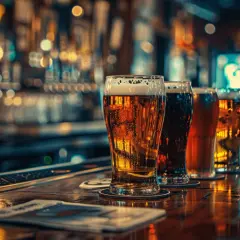 Quatre verres de bière sur un bar, avec des lumières floues en arrière-plan. L'un d'eux a un léger faux goût de bière.