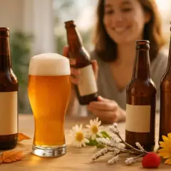 Une femme souriante tient une bouteille de bière rouge. Une chope de bière dorée et d'autres bouteilles sont sur la table.