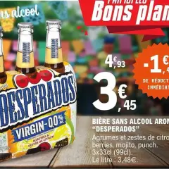 Pack de 3 bières sans alcool Desperados Virgin, saveur agrumes et citron, en promotion. Un bon plan pour un été sans alcool !