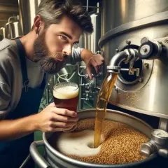 Un brasseur d'eau, barbe grisonnante, observe le liquide ambré couler dans un cuve remplie de grains.