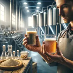 Un brasseur compare deux verres, l'un avec des grains, l'autre avec de la bière. Il réfléchit à a quoi sert un starter pour la fermentation.
