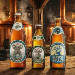 Trois bières allemandes, une Hefe Weisse, une Pils et une Helles, sur une table en bois devant des cuves de brassage.