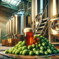 Verre de bière ambrée sur un tas de houblon sec, entouré de cuves de brassage.