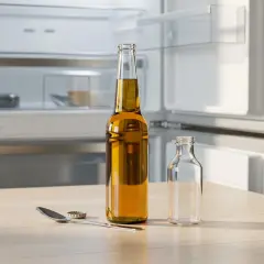 Une bouteille de bière ambrée, une petite bouteille vide, une cuillère et un décapsuleur sur une table en bois devant un réfrigérateur ouvert. La bière évoque le savoir-faire de **de molen brasserie**.