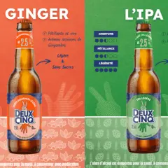 Deux bouteilles de bière, une Ginger et une IPA, présentées comme légères et sans sucres. La bière sans sirop de glucose, une option rafraîchissante.