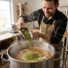Un brasseur ajoute du houblon à une grande marmite bouillante, suivant une recette pour sa bière maison.