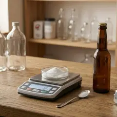 Préparation pour la fermentation bière : balance de précision, levure, bouteilles vides et une bouteille de bière ambrée.