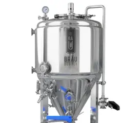 Cuve en acier inoxydable pour la fermentation sous pression, avec manomètre et tuyauterie. Logo "BRAU SUPPLY" visible.