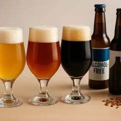 Trois verres de bière aux couleurs variées, des bouteilles et une canette "0.0 ALCOHOL-FREE". Une bière pas forte pour tous les goûts.