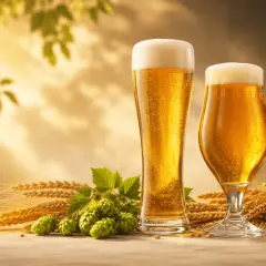 Trois verres de type de bière blonde pétillante, accompagnés de houblon frais et d'épis de blé dorés, sous une lumière chaude.