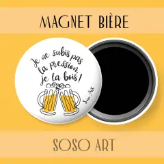 Aimant "Magnét Bière" avec un dicton humoristique sur la bière et deux verres stylisés.