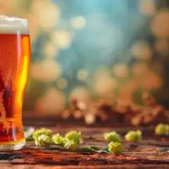 Un verre de bière ambrée mousseuse, entouré de cônes de houblon frais sur une table en bois. L'alcool, issu du houblon, promet une dégustation savoureuse.