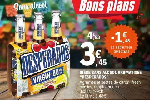 Pack de 3 bières sans alcool Desperados Virgin, saveur agrumes et citron, en promotion. Un bon plan pour un été sans alcool !