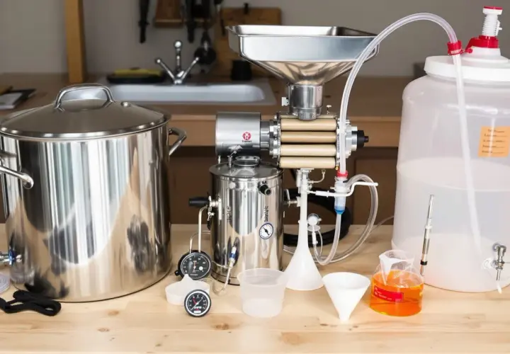 Ensemble pour brassage de bière sans malt : cuve, moulin, fermenteur et accessoires.