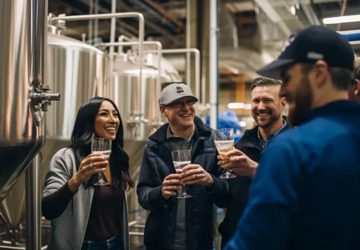 Un groupe d'amis rit et trinque avec des verres de bière dans une brasserie, près d'immenses cuves en acier. Une dégustation de Camden beer.