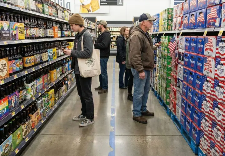 Des clients choisissent des bières dans un rayon de brasserie américaine, avec des caisses de "Patriot Lager" et "Freedom Ale" en arrière-plan.