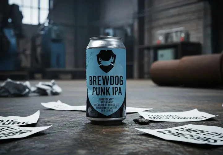 Une canette de Punk IPA de BrewDog, au milieu de papiers froissés et de notes sur la "culture toxique" et les "préoccupations des employés", évoquant l'origine de la marque.