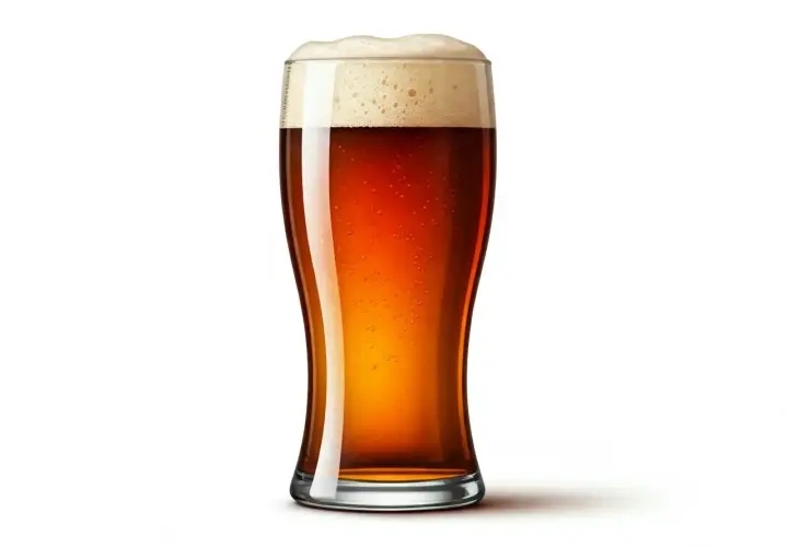 Un verre de bière ambrée anglaise, avec une mousse légère et des bulles fines.