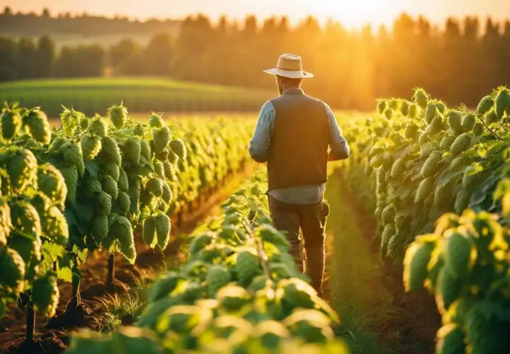 Un agriculteur en chapeau de paille traverse un champ de houblon luxuriant, baigné par la lumière dorée du soleil couchant.