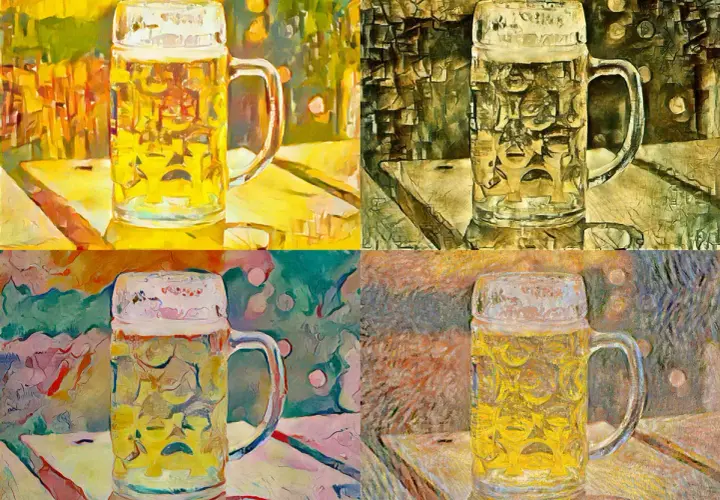 Quatre chopes de bière stylisées, comme un diacetyl rest artistique.
