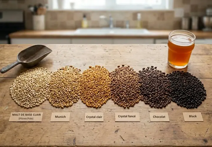 Six tas de malt, du clair au noir, sur une table en bois, avec une louche et un verre de bière ambrée. La sour est une bière acidulée.