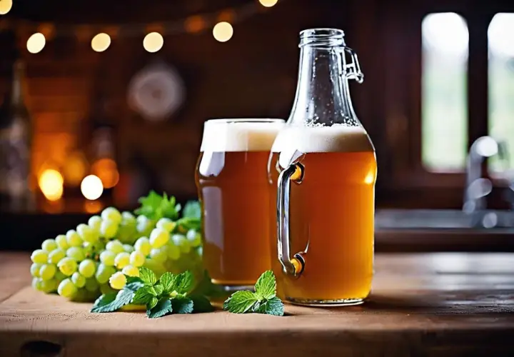 Bière ambrée dans une bouteille et un verre, avec du raisin et de la menthe. Une scène évoquant une recette de bière maison.