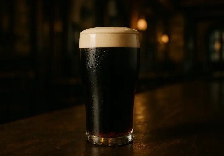 Un verre de bière irlandaise sombre avec une mousse crémeuse, posé sur un comptoir en bois.