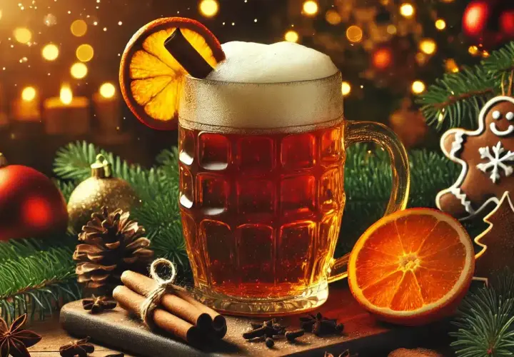 Une bière chaude de Noël, garnie d'une tranche d'orange et d'un bâton de cannelle, entourée de décorations festives et d'épices.